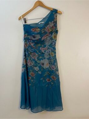 Fehaute One Shoulder Blue Floral Midi Dress Formal Wedding Womens 4
